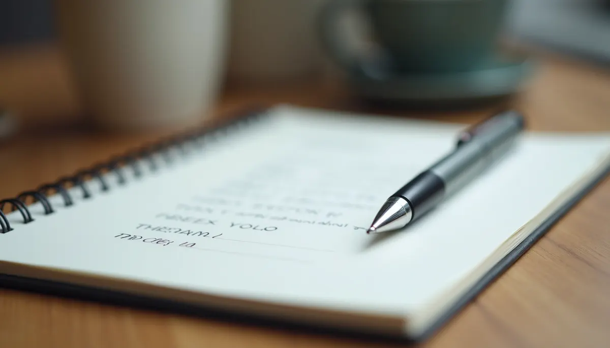 Close-up of a notebook with therapy notes and a pen on a wooden table