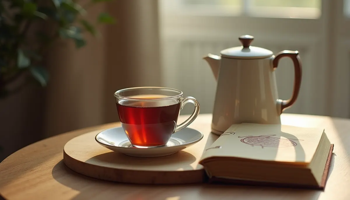 Plano cercano de una taza de té y un cuaderno abierto sobre una mesa de madera