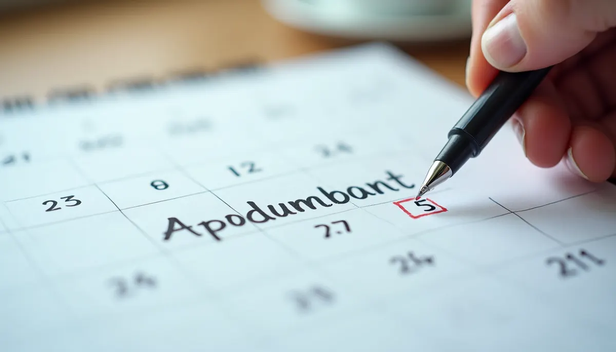 Close-up view of a calendar with a marked appointment date and a pen